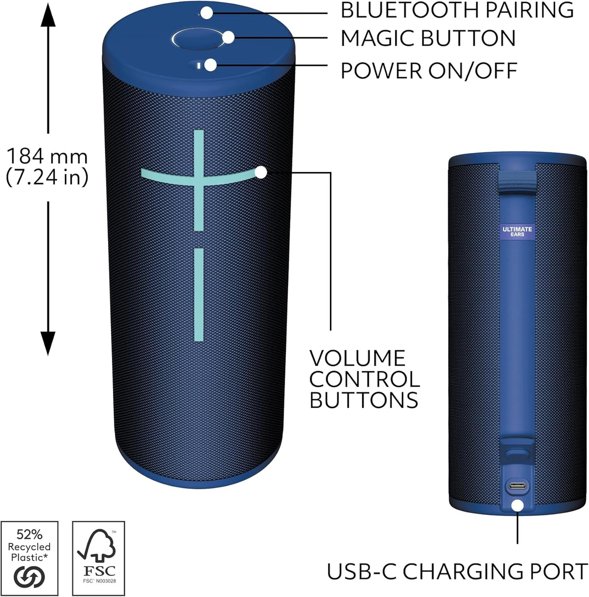 Ultimate Ears Boom 4 Portable Waterproof Bluetooth Speaker with 360-Degree Immersive Sound, Outdoor Floating Speaker, 15-Hour Battery, 147ft Range - Blue
