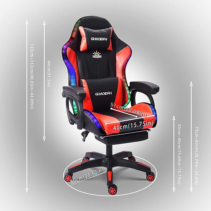TBQATNTS Ergonomic Gaming Chair with Massage and Speaker Gaming Chair with Footrest Headrest and Lumbar Support Racing Chair with RGB Lights Gaming Chair for KidsGaming Chair for Adults.Red