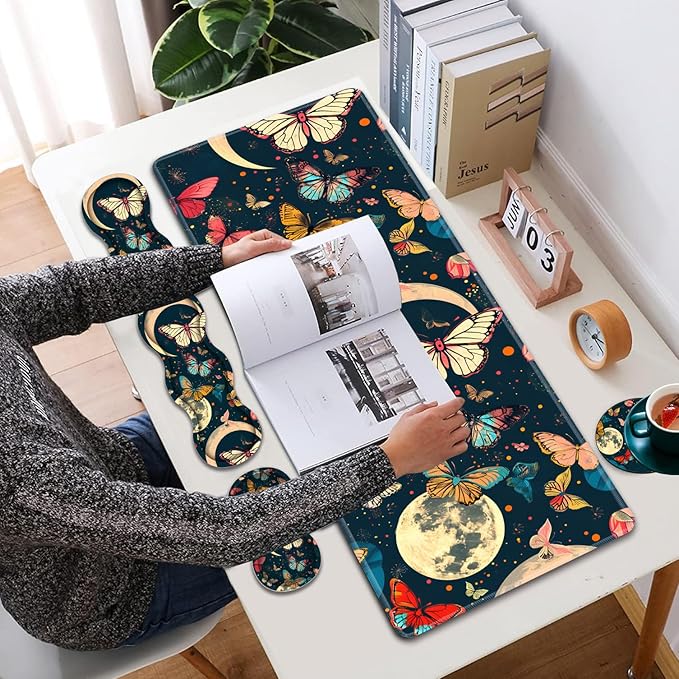 Large XXL Gaming Desk Mat 31.5x 11.8 Ergonomic Keyboard Wrist Rest & Mouse Pad Wrist Rest + Coaster Set Non-Slip Base Memory Foam Office and Home Moon Butterfly