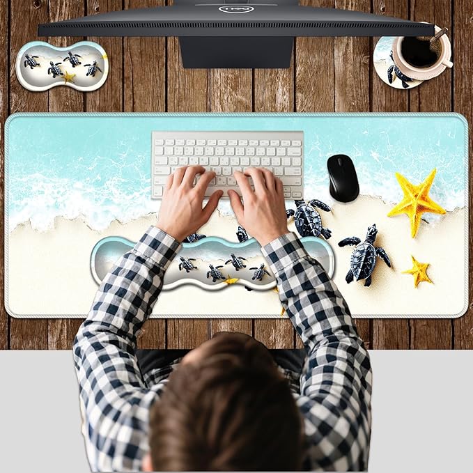 Ergonomic Keyboard Wrist Rest & Mouse Pad Wrist Rest SetXL Gaming Desk Mat 31.5x 11.8Non-Slip BaseMemory FoamEasy Typing Pain Relief for Office & HomeBaby Sea Turtles and Starfish