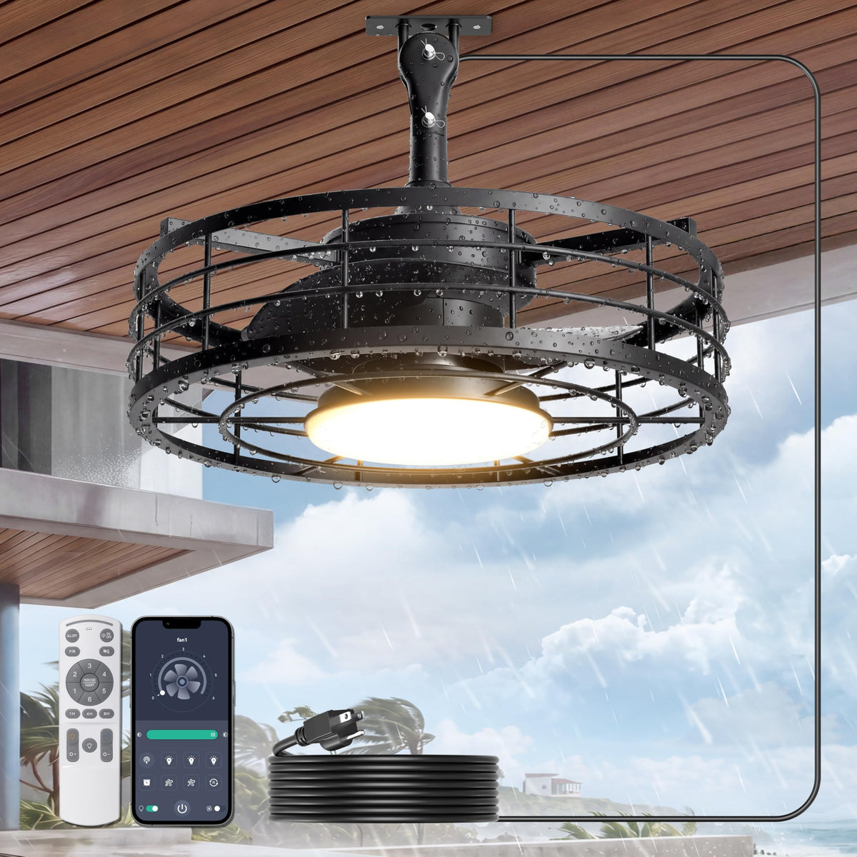 Phylluz Outdoor Ceiling Fan with Lights - 16 Wet Rated Gazebo Fan Remote/APP Control, Caged Hanging Fan Plug and Play for Cove