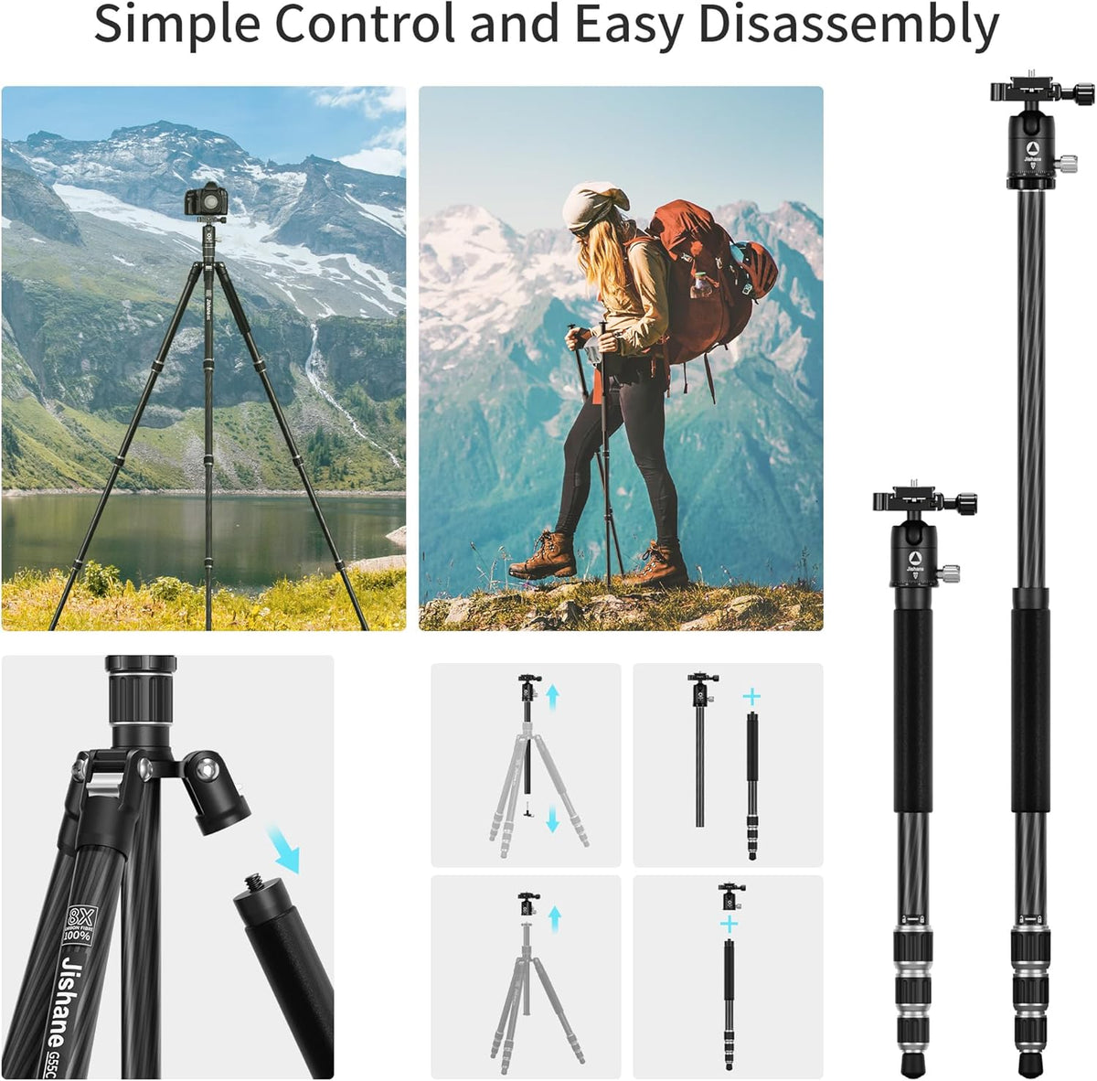 Carbon Fiber Camera Tripod, 62" Professional Video Tripod for Camera with 360° Ball Head, 1/4" Arca QR Plate, Compact Lightweight Travel Monopod for DSLR/Smartphone, Max Load 17.6 lbs/8kg