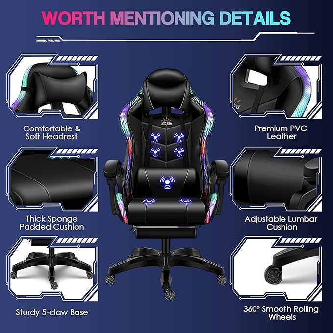 LED Gaming Chair Computer Gaming Chair with Bluetooth Speakers and RGB Lights Full Massager Gamer Chair Swivel Recliner Ergonomic Lumbar Support Video Game Chair for Adults TeensPink