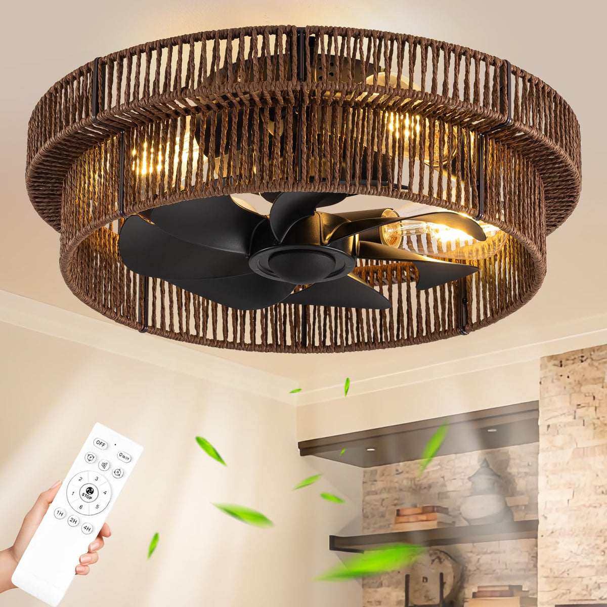 DARYEWO Handwoven Boho Ceiling Fans with Lights Flush Mount,Black Farmhouse Caged Fandelier Low Profile Enclosed Chandelier Fan