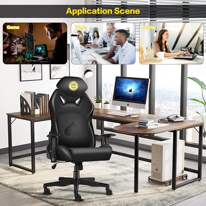 Modern-Depo Ergonomic Video Poker Gaming Chair Recliner with Texas Hold'em Sign Swivel Chair with Poker Logo Lumbar Support Headrest Height Adjustable for Study Home Office Black Poker 4