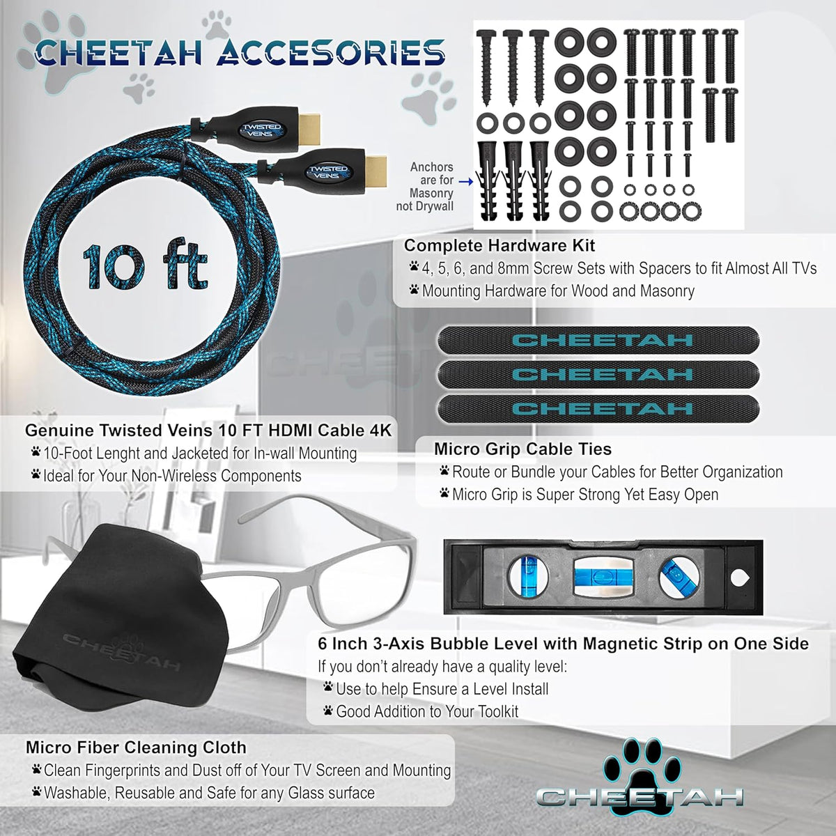 Cheetah 12-55 Inch 40lbs 200x200mm, 10ft 15" TV Monitor Wall Mount for TVs up to VESA with HDMI Cable, TouchAdjust