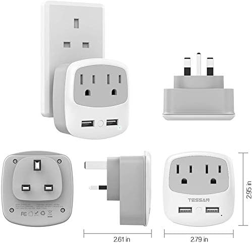 TESSAN US to UK Plug Adapter, Type G Travel Adaptor with 2 USB 2 Electrical Outlets, UK Power Adapter for USA to Ireland England London Scotland British Dubai Kenya Hong Kong Qatar, 2-Pack
