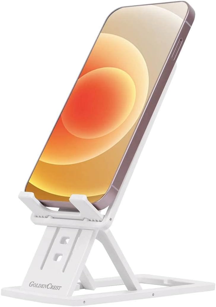 GoldenCrest Cell Phone and Tablet Stand for Desk, Slim and Fully Foldable with Adjustable Angle and Height, Sturdy