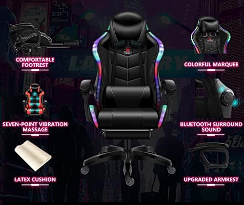 Gaming Chair with 7-Point Massage Function Ergonomic Computer Chair with Footrest and Lumbar Support Video Gaming Chair with RGB Lights and Speakers Adjustable Backrest Swivel ChairBlack