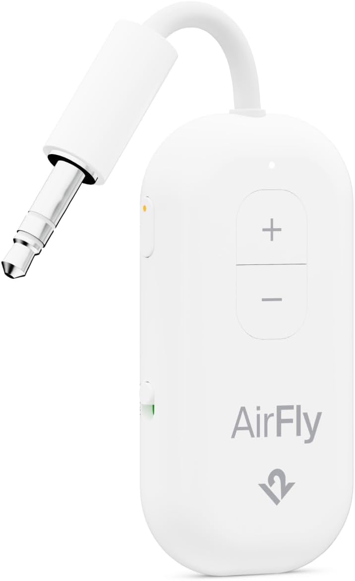 AirFly Pro 2 – Bluetooth Adapter for Airplane, Pair 2 AirPods or Wireless Headphones – 3.5mm AUX Bluetooth Transmitter and Receiver for Cars, Boats, Treadmills, TVs & More – Airplane Travel Essentials