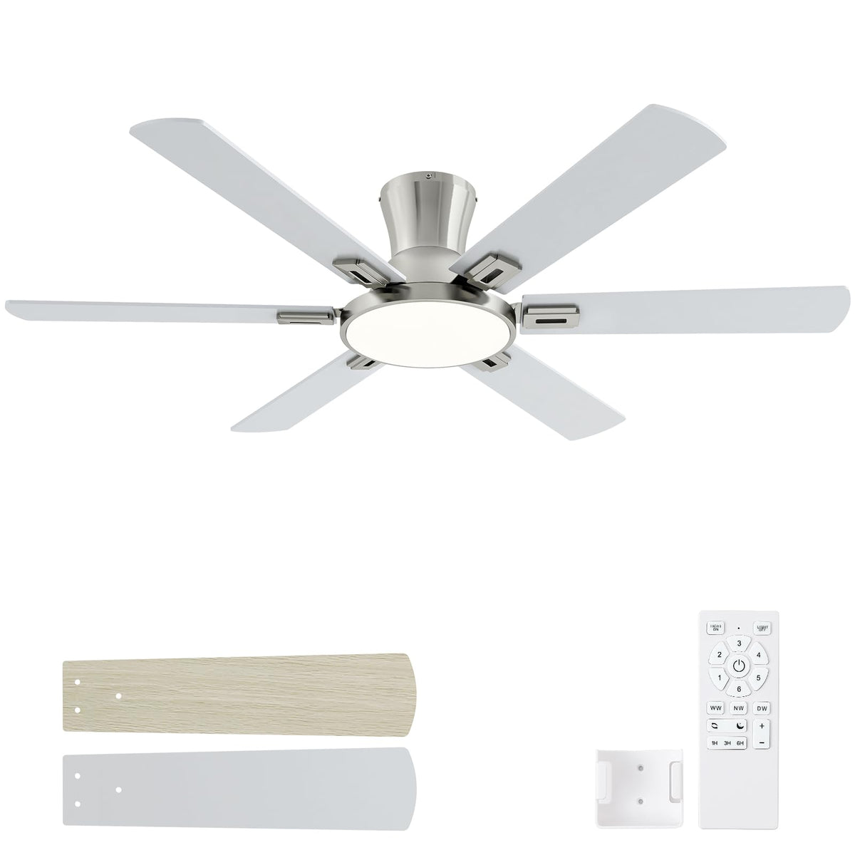 52 Inch Brushed Nickel Ceiling Fans with Lights and Remote,Flush Mount Low Profile 6 Blades Ceiling Fan with 10 Inch Lighting Fi