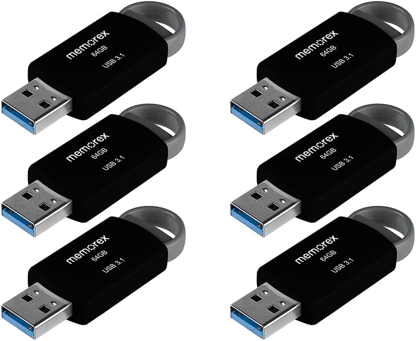 64GB Memorex USB 3.1 Flash Drive – Transfer Speeds Up to 10x Faster Than USB 2.0, Latest USB 3.1 Gen 1 Technology, Lightweight Design, for Daily File Management, Type-A Connector, 6-Pack