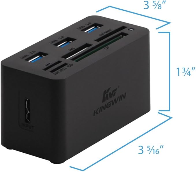Kingwin USB HUB Adapter w/ Memory Card Reader Writer &amp USB 3.0 HUB Combo - Supports High Speed SD MS Micro M2 CF Card Reader For Macbook Laptop Desktop - Includes USB Cable 5 Gbps Speed Black