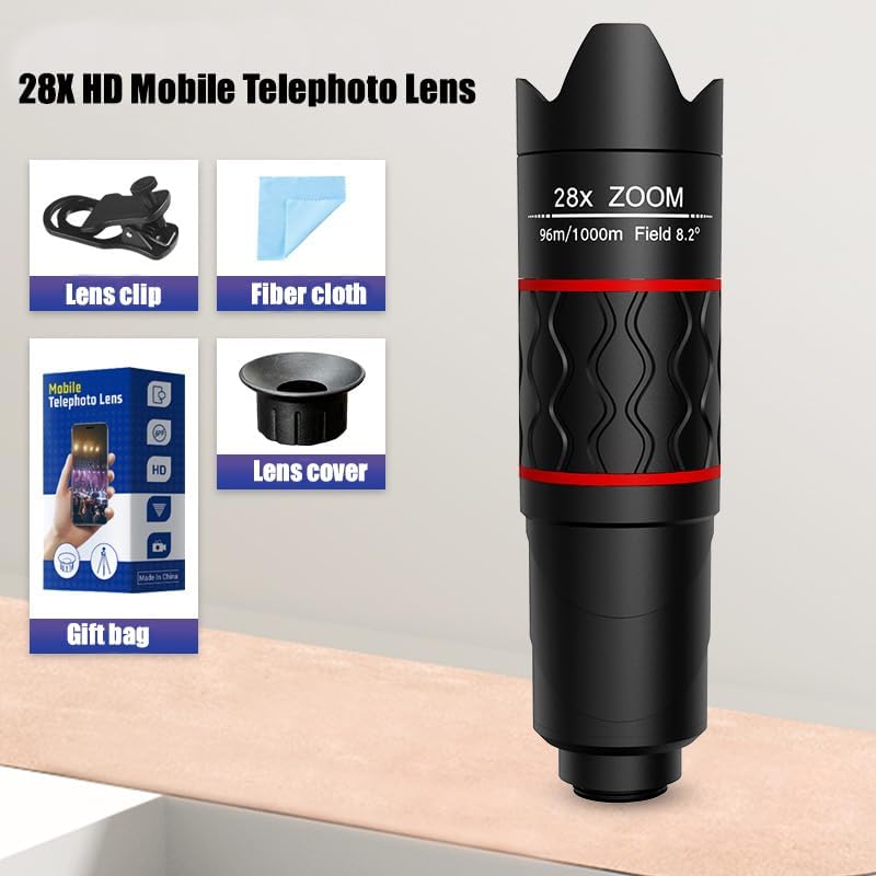 28X Telephoto Lens for iPhone Android Phones, 2-in-1 Mobile Phone Camera Lens Kit with Universal Clip, HD Magnifier for Smartphone Photography - Compatible with All Smartphones