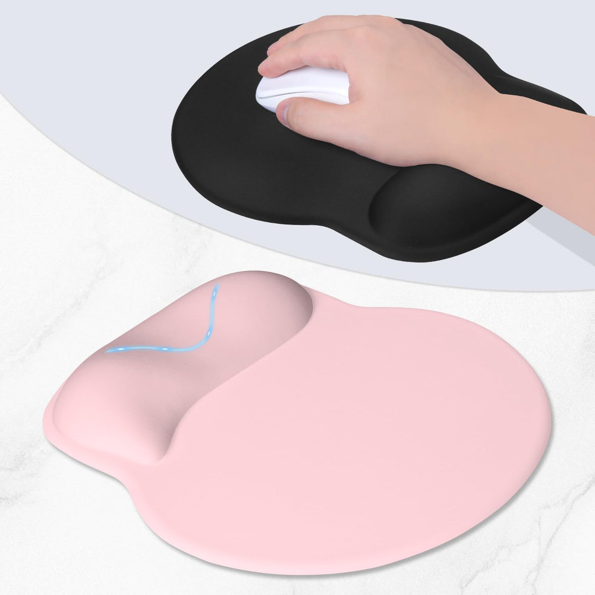 ITNRSIIET Ergonomic Mouse Pad with Wider Memory Foam Wrist Rest +17%, Curved Cushion Reduces Pressure 20%, Pain Relief, Non-Slip, Smooth, Cute Color Desk Accessory, 9.85 x 9 inch, Blush Pink