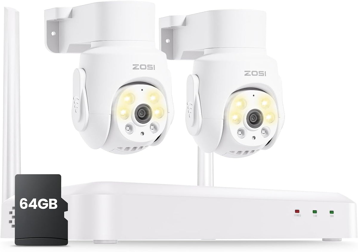 ZOSI 8 Channel 3K Wi-Fi 6 Security Camera System with 64G Memory Card for 24/7 Record, 2 x 5MP Pan Tilt WiFi Camera with Auto Tracking, Color Night Vision, Plug-in, AI Person Detect, 2-Way Audio