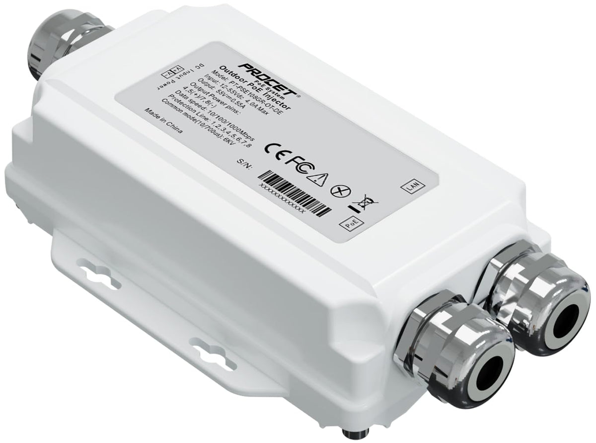 PROCET Gigabit PoE Injector 30W Outdoor IEEE802.3AT, 6KV Surge Protection, Aluminum Alloy IP67 Waterproof, Wide Temp -40? to 149? for Unifi E7, Sisco