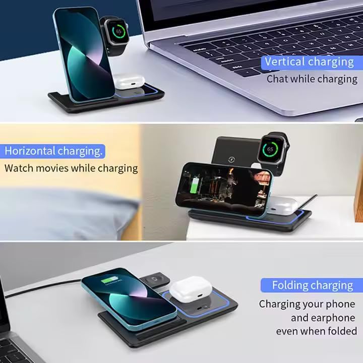 2025 Traveling Portable Wireless 3-in-1 Charger for iPhone 16/15/14/13/12/11, Apple Watch 10/9/8/7/6/5/4/3/2/SE/Ultra/Ultra 2, AirPods 2/3/4/Pro – Compact & Stylish Black Dock.