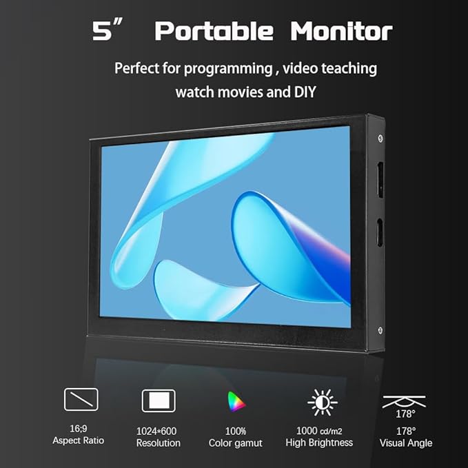 5inch WSVGA 1024 * 600 High Pixel Display 100% SRGB Without Touch Panel HDMI-Compatible Module for Raspberry pi 3/3B/3B+/4/4B Orange pi Banana pi MINI PC