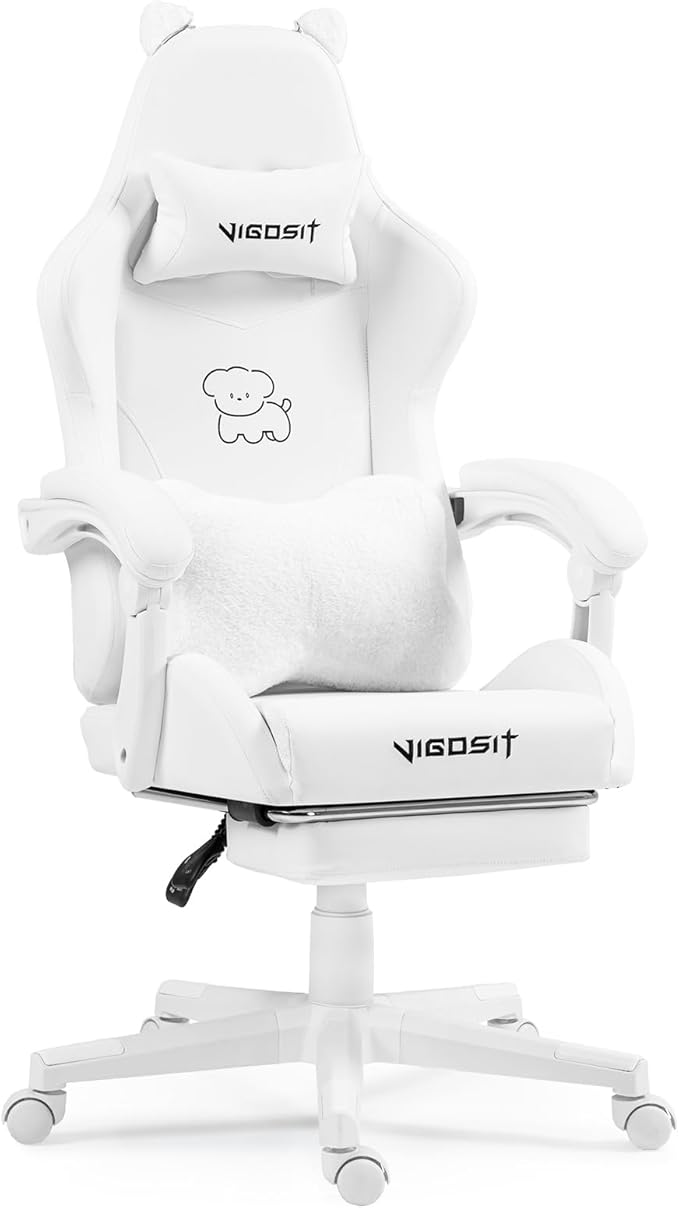 Cute Cat Ears Gaming Chair Girly Ergonomic Computer Chair with High Back 360° Swivel Office Computer Chair with Footrest and Paw Lumbar Cushion for Teens Girls Women (White)