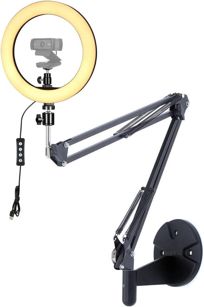 AceTaken 10'' C920s C930 C922x C925e C615 Webcam Ring Light Wall Mount, Streaming Light with Folding Arm Wall Holder