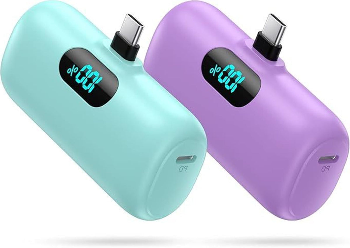 [2 Pack] Samll Portable Charger for iPhone 16/15 Series, 5000mAh 3A PD USB C Power Bank, Mini LCD Display Battery Pack Compatible with iPhone 16/16 Plus/16 Pro/15 Pro Max,Samsung,Android/Moto/LG etc