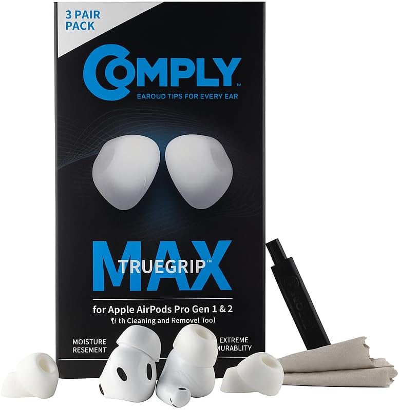 Comply TrueGrip MAX | Premium Memory Foam Replacement Earbud Tips for Apple AirPods Pro 1 & 2 | Long Lasting Comfort, Extreme Durability, Secure Fit, Superior Noise Isolation| White (Large) (3 Pairs)