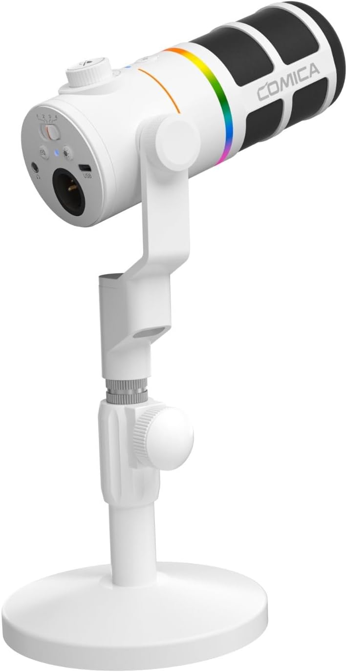 COMICA EJoy D10 D USB/XLR Dynamic Microphone with RGB Light &CalMix Denoise &Mute Button- Studio-Quality Cardioid Mic with Desktop Stand for Gaming, Streaming, Podcast,YouTube(PC/PS5/Xbox/Mac (White)