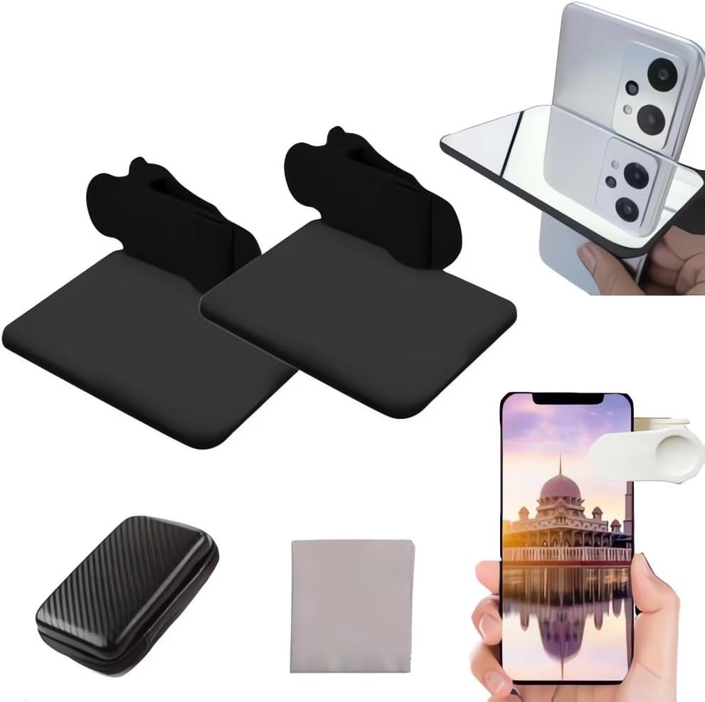 2024 Smartphone Camera Mirror Reflection Clip Kit -【New Version】 Smartphone Selfie Reflector, Adjustable Mobile Phone Reflection Camera Clip, Mirror Reflection Phone Clip for All Phones (2PCS-Balck)