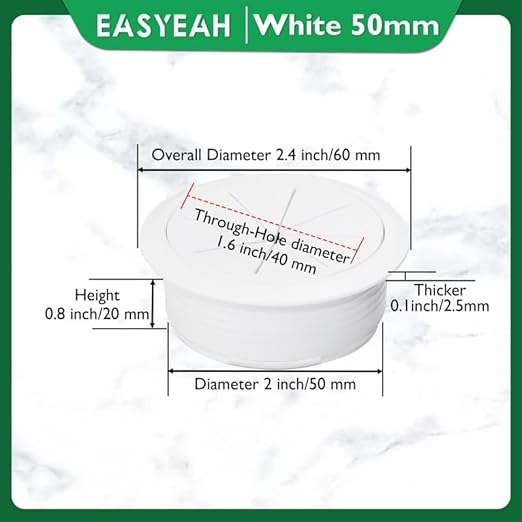 EASYEAH 5 Pcs Desk Grommet 2" / 50 mm, Desk Hole Cover for Cables White, Cable Grommet ABS Plastic, Desk Hole Grommet for Home & Office Pc, Detachable Cable Cord Organizer