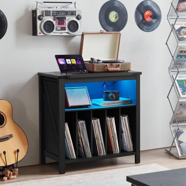 Large Record Player Stand with Charging Station & LED Lights, Vinyl Records Storage Holder Cabinet Holds up to 230 Albums, Turntable Stand for Music Room, Bedroom, Living Room, Office (Black)
