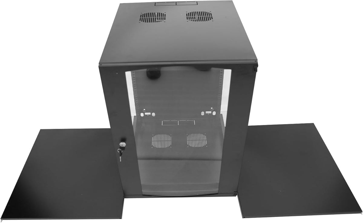 9U Server Cabinet Wall Mount Rack Enclosure with Caster Wheels 2 Server Fans Locking Glass Door Removable Side Panels 19" Network Cabinet 15-18.5" Installation Depth Heavy-Duty Frame(23INCH, 9U)