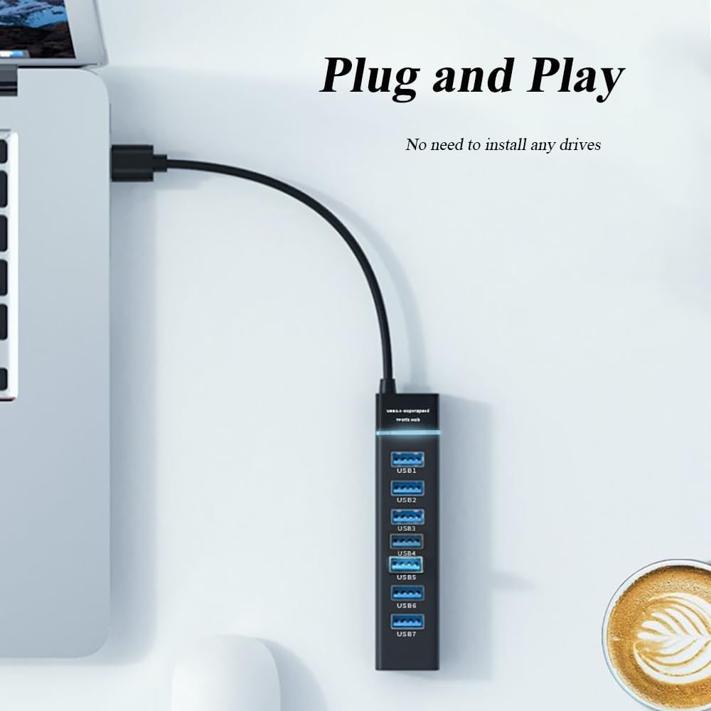 2 Pack 7 Ports USB Hub, Multiple Port USB Adapter with Indictor Light, High Speed Data Transmission Docking Station, Compatible with Mouse, Keyboard, Printer, Windows, MacOS, Linux
