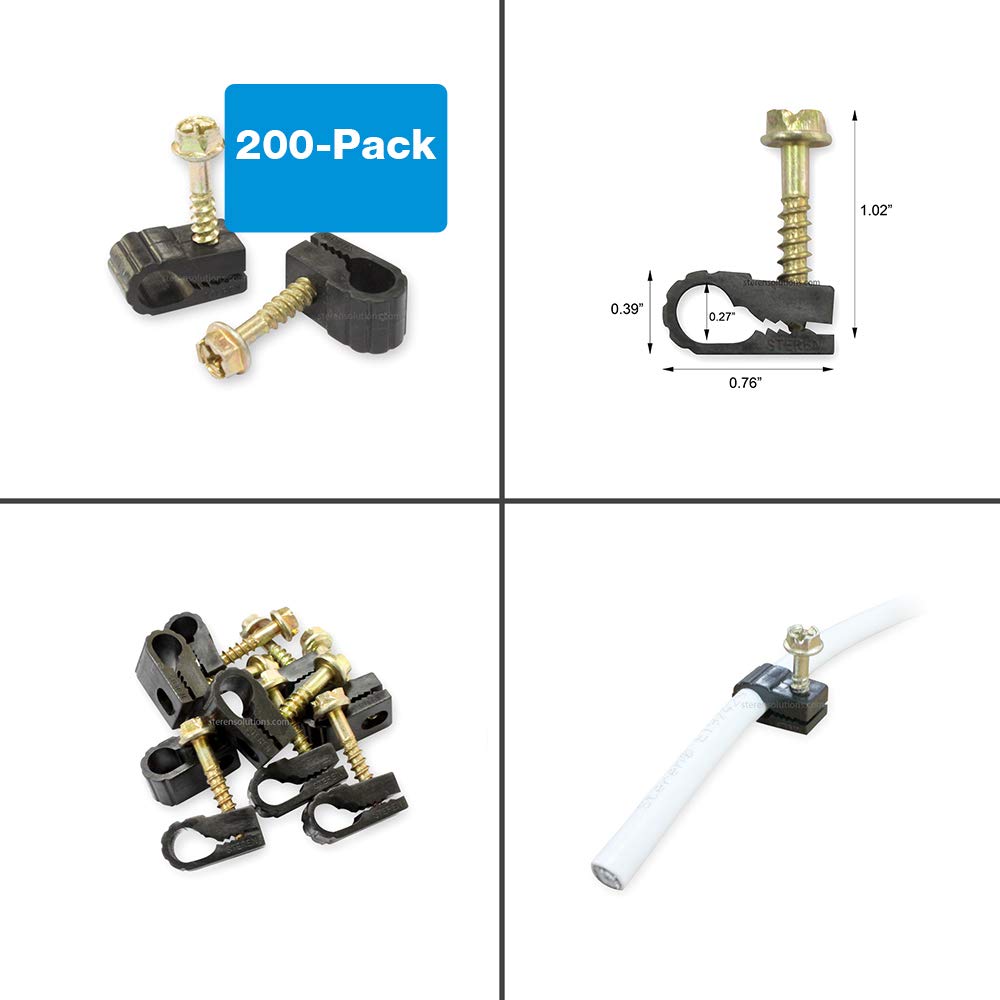 STEREN Coaxial Cable Clips - Cable Holder - Siding Clips for Hanging - Cord Holder for Desk - Cable Clamps - Cord Clip - Wire Organizer Clips - Tv Mount Screws (Black, 200 Count - Single Screw)
