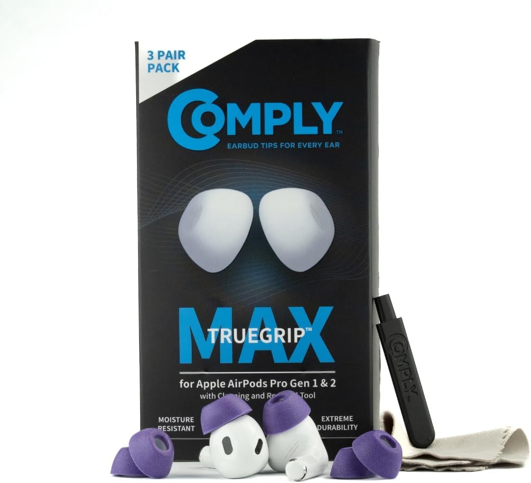 Comply TrueGrip MAX | Premium Memory Foam Replacement Earbud Tips for Apple AirPods Pro 1 & 2 | Long Lasting Comfort, MAX Durability, Secure Fit, Superior Noise Isolation| Purple (Small) (3 Pairs)
