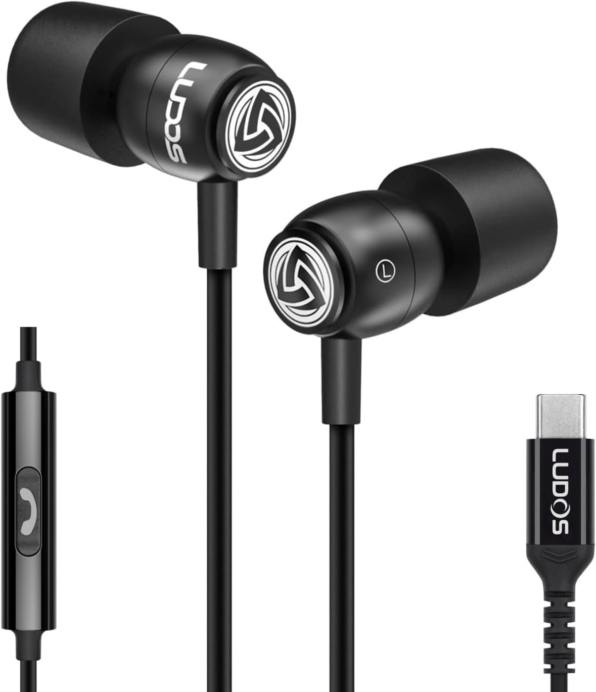 LUDOS Clamor USB C Headphones for iPhone 16 15 Pro Max Plus iPad Pro, 5 Years Warranty, USB-C Earbuds for Samsung Galaxy S24 S23 Ultra S22 S21 FE S20 A55 A54 A53, USB Type C Earphones - Black
