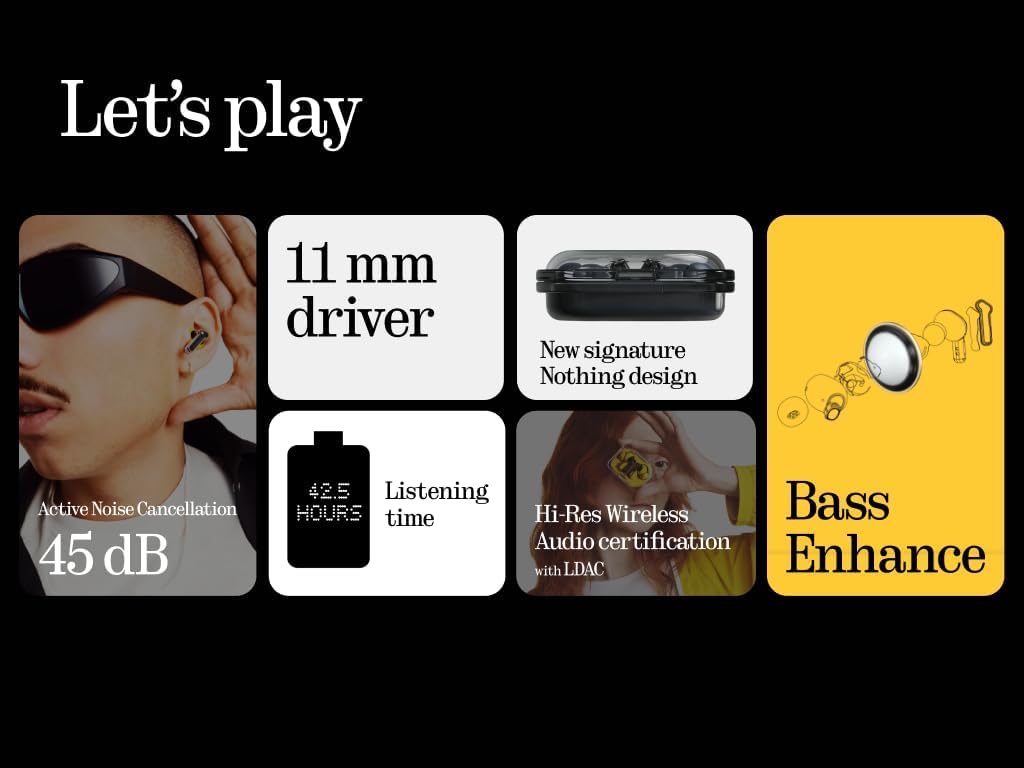 Nothing Ear (a) Wireless Earbuds, 45dB Hybrid Noise Cancelling Earbuds, Hi-Res Audio, Advanced Equaliser, Dual Connect, 6 Mics, 42.5H Playtime Ear Buds Wireless Bluetooth, Black
