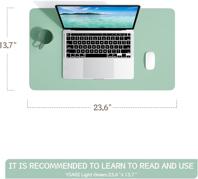 YSAGi Non-Slip Leather Desk Pad, Waterproof Laptop Computer Desk Keyboard Mat, Table Protector Blotter Mat, Large Mouse Pad for Office/Work/Home/Decor(Pale Green, 23.6" x 13.7")