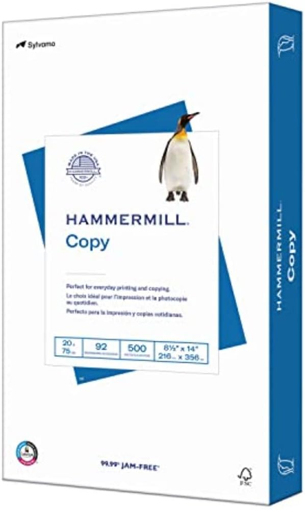 Hammermill Printer Paper, 20 lb Copy Paper, 8.5 x 14 - 1 Ream (500 Sheets) - 92 Bright, Made in the USA, 105015R