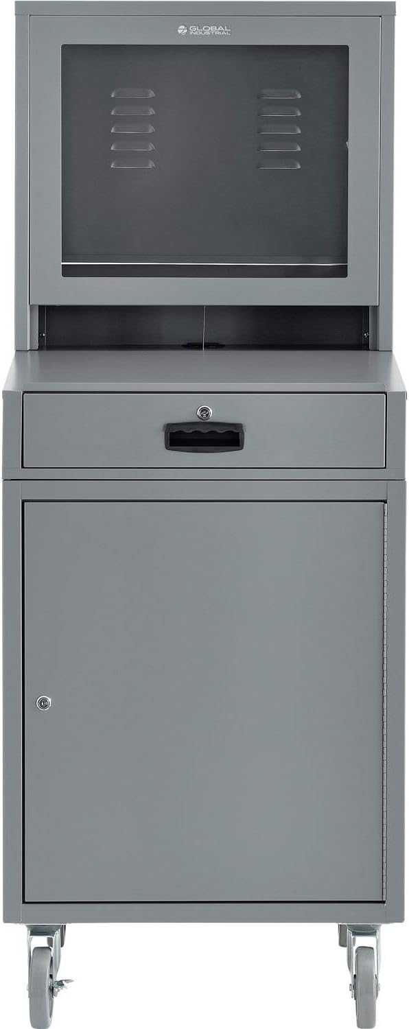 Global Industrial Mobile Security LCD Computer Cabinet Enclosure for 24" Diagonal Monitors, Steel Construction, Gray Powder Coat Finish, 24-1/2"W x 22-1/2"D x 62-3/4"H