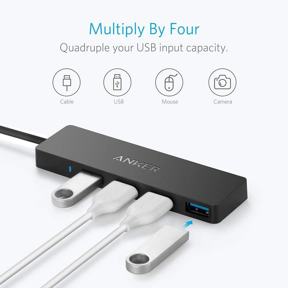 Anker 4-Port USB 3.0 Hub, Ultra-Slim Data USB Hub with 2 ft Extended Cable [Charging Not Supported], for MacBook, Mac Pro, Mac mini, iMac, Surface Pro, XPS, PC, Flash Drive, Mobile HDD