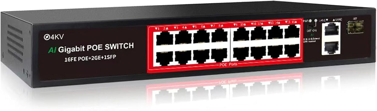 PoE Switch with 16 POE Ports +2 Gigabit Uplink,1 x 1.25G SFP,802.3af/at PoE+ 100Mbps, 240W Built-in Power, Extend to 250Meter,Unmanaged Metal Plug and Play