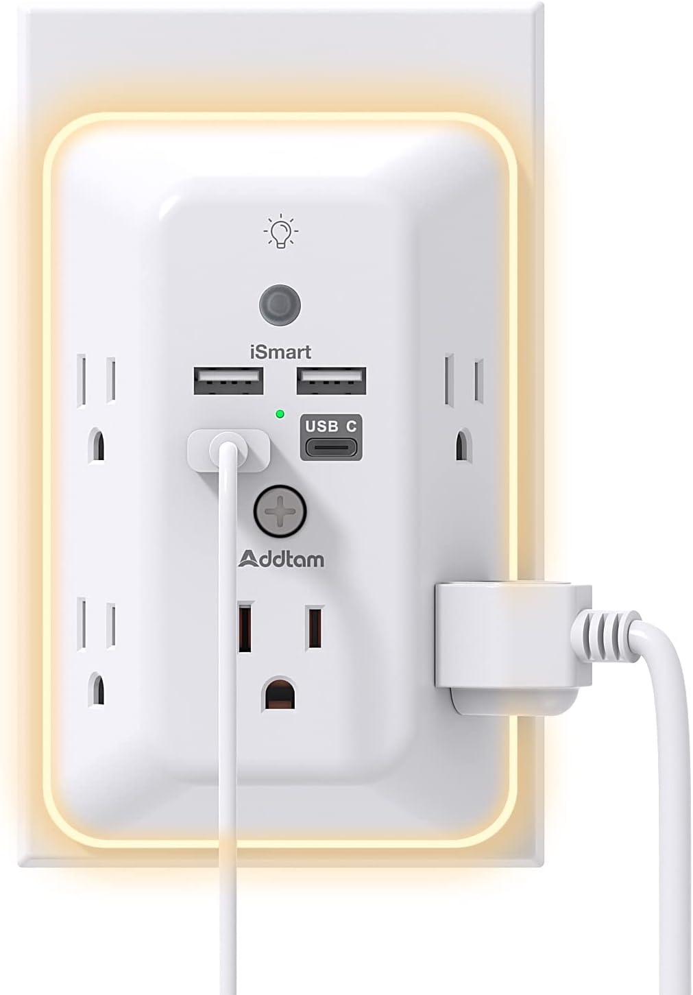 Addtam 5-Outlet 4 Ports(1 Surge Protector, Outlet Extender with Night Light, Splitter and USB USB C), Multi Plug Wall