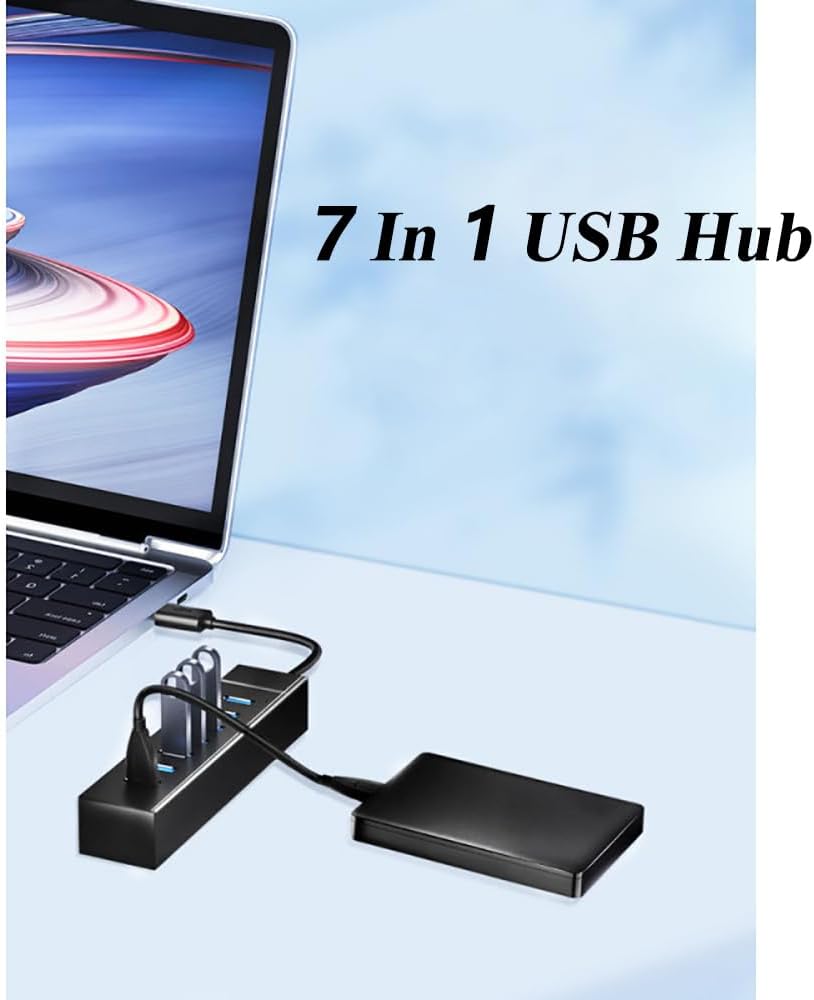 7 Ports USB Hub, Multiple Port USB Hub with Indictor Light, High Speed Data Transmission USB Adapter, Compatible with Mouse, Keyboard, Printer, Windows, MacOS, Linux