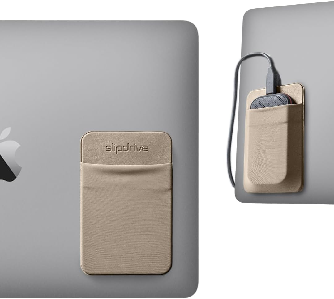 Slipdrive - Portable Hard Drive Sleeve for Laptop - SSD Solid State Drive - Reusable Adhesive - 5” x 3.2” Stick on External Hard Drive Carrying Case - Travel Pocket Pouch (Small, Sand Stone)