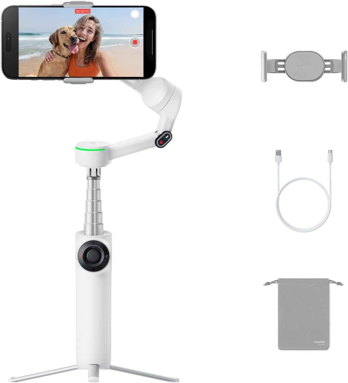 Insta360 Flow 2 Pro White - Foldable AI Phone Gimbal, Track in 200+ Apps with Apple DockKit, Multi-Person Tracking, 360º Pan Tracking, Built-in Tripod/Selfie Stick, iPhone/Android Portable Stabilizer