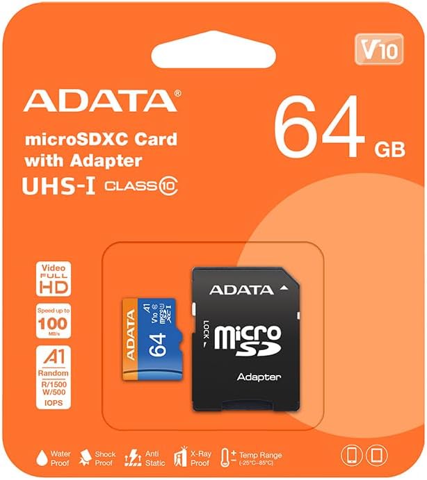 ADATA 64GB 10 V10 A1 100 (AUSDX64GUICL10A1-RA1) Premier MicroSDHC/SDXC UHS-I Class Memory Card with Adapter Read up