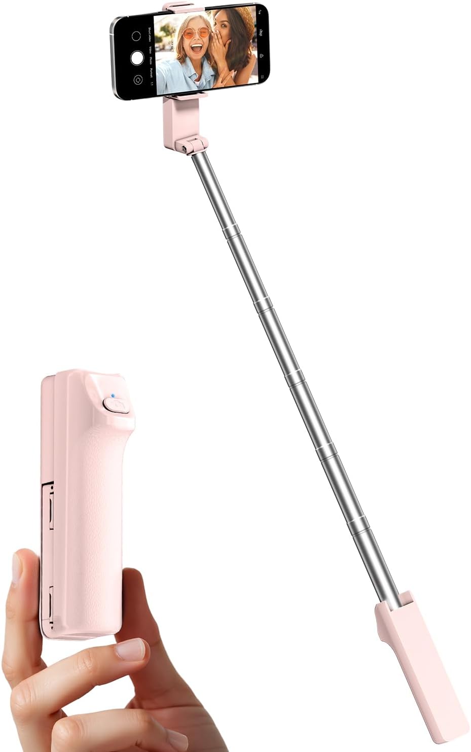 Viozon Portable Selfie Stick, Lightweight Extendable Stainless Steel Tube,All-in-One Compact Selfie Stick with Wireless Remote Compatible with 4-7" iPhone/Android Phones for Vlog/Travel/Filming, Pink
