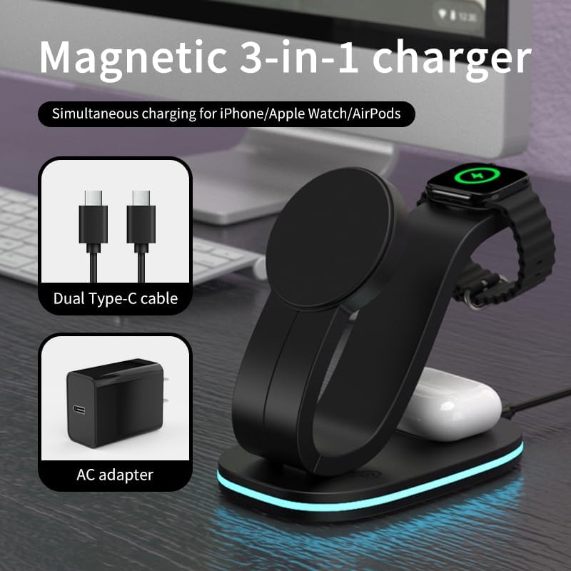 3 in 1 Wireless Charging Station for Qi2 Apple Multiple Devices, 30W USB C Adapter&Light, Fast Mag-Safe Charger Stand Compatible with iPhone 16 15 14 Pro Max, Apple Watch Series 10 9 & Airpods 4 3 Pro