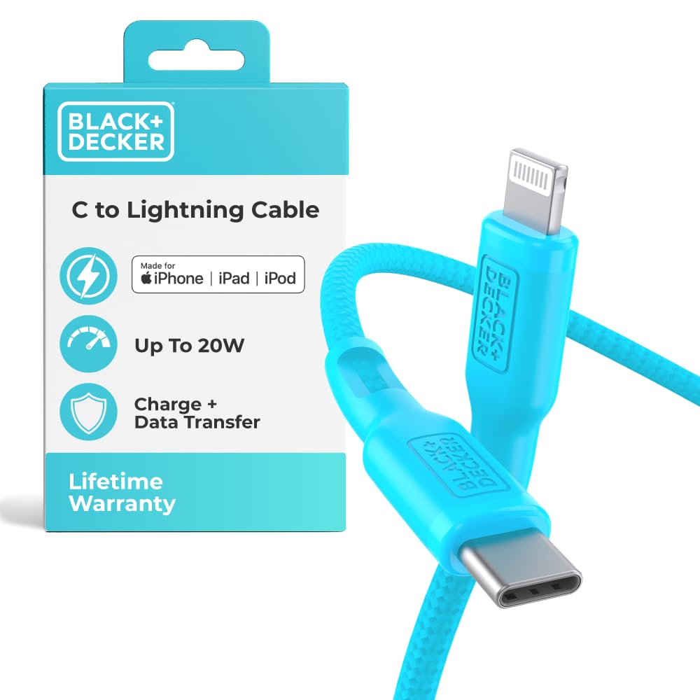 BLACK+DECKER USB C to Lightning Cable - Fast Compatible iPhone Lightning Cable - Durable Braided Type C iPhone Charger Cord - for Travel and Daily Use - Multiple Colors and Lengths - 3ft